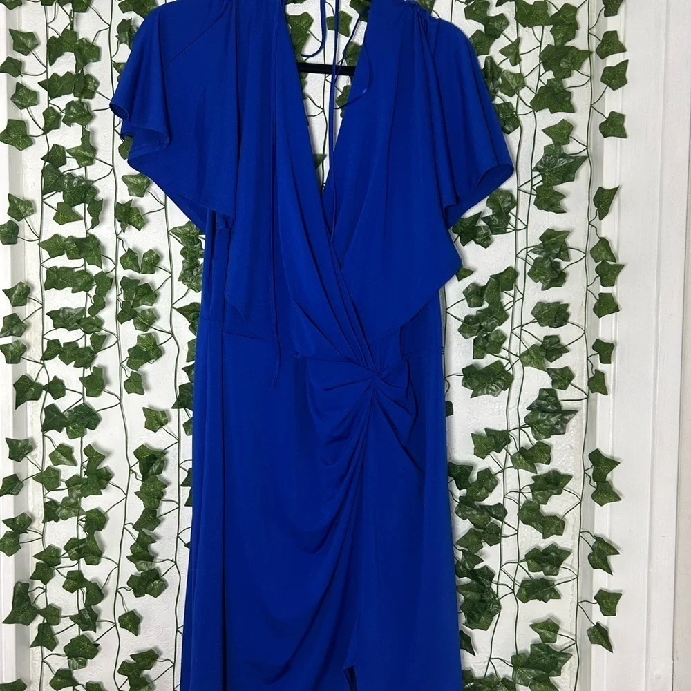 Cushnie Blue Backless Wrap Sundress with Plunge Neckline